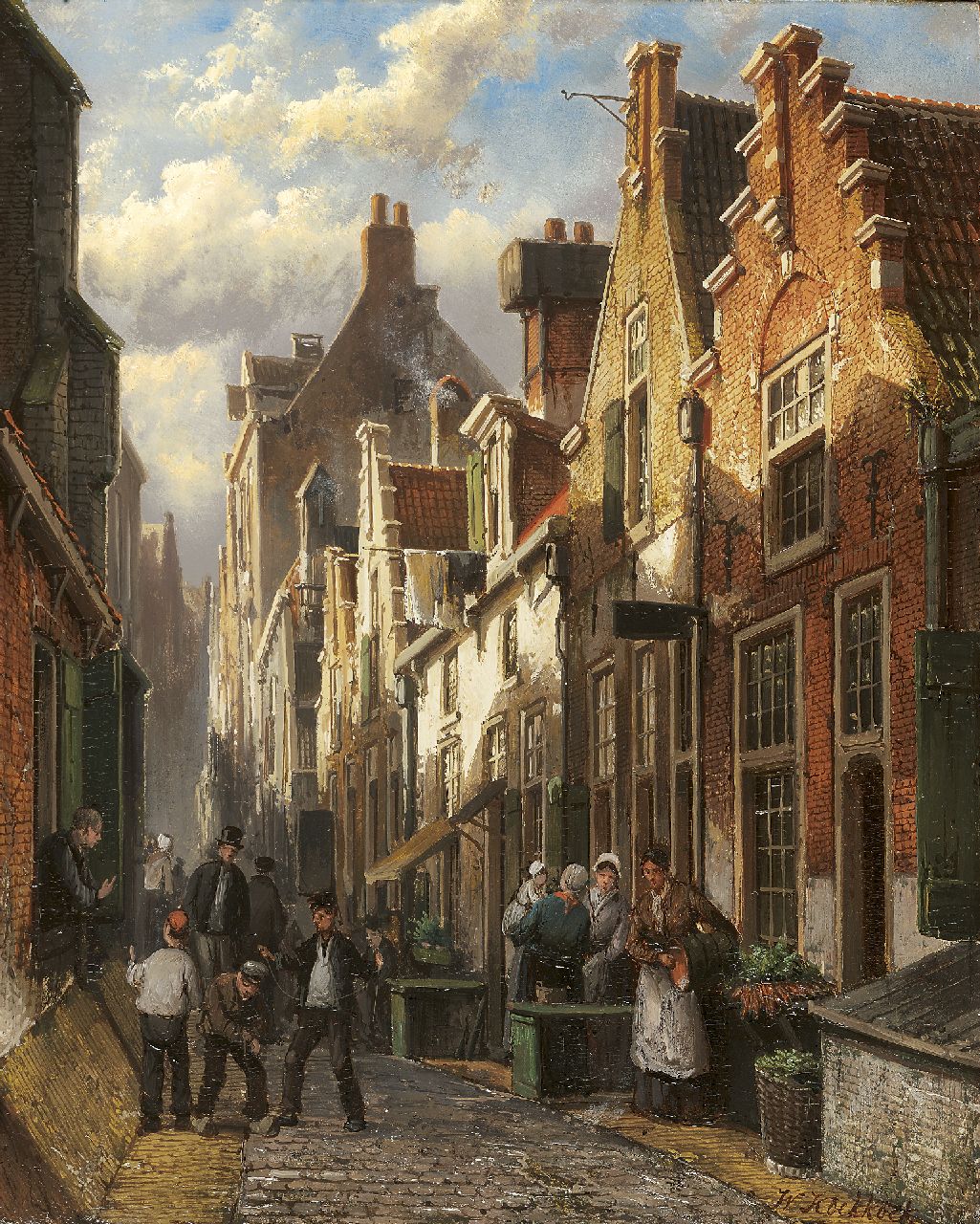 Koekkoek W.  | Willem Koekkoek, Lebhafte holländische Gasse in Nachmittagssonne, Öl auf Holz 35,2 x 27,8 cm, Unterzeichnet r.u.