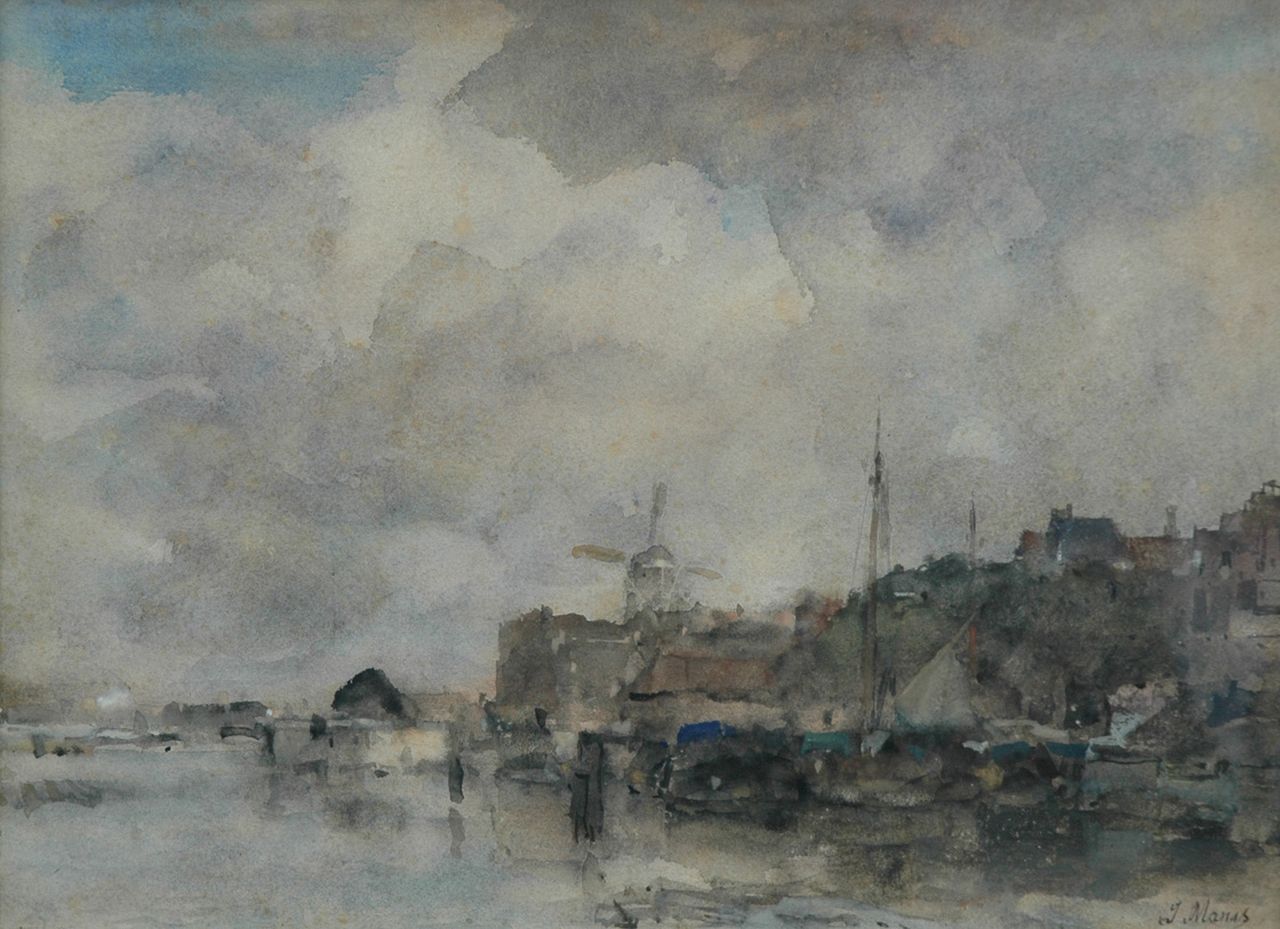 Maris J.H.  | Jacobus Hendricus 'Jacob' Maris, View of a Dutch harbour, Aquarell auf Papier 28,5 x 38,6 cm, signed l.r.