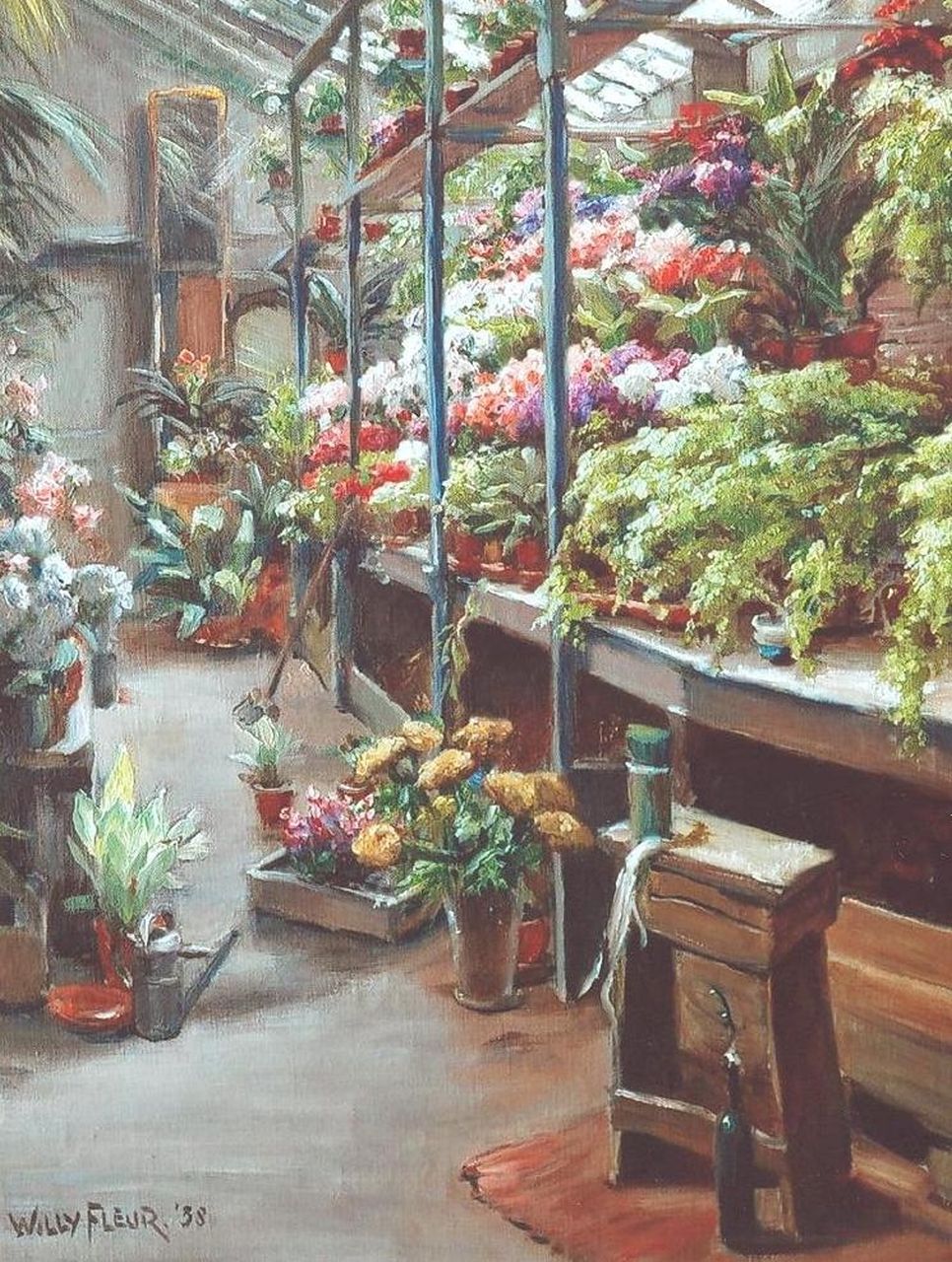 Fleur J.W.  | Johan Willem 'Willy' Fleur, Interior of a greenhouse, Öl auf Leinwand 49,9 x 40,3 cm, signed l.l. und dated '38