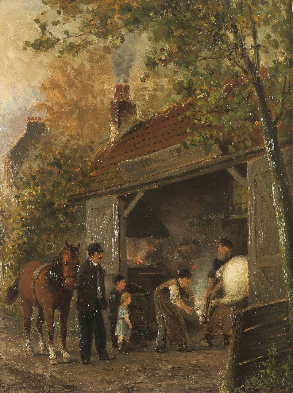 Dommelshuizen C.C.  | Cornelis Christiaan Dommelshuizen, At the blacksmith, Öl auf Holz 34,9 x 26,4 cm, signed l.l. und dated 1889