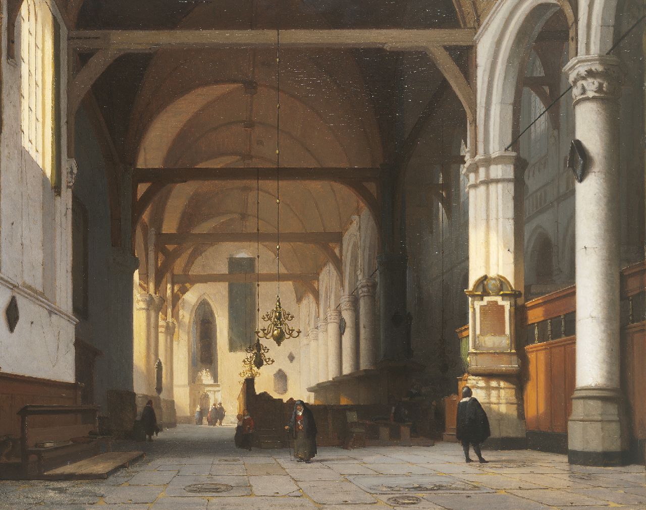 Schenkel J.J.  | Jan Jacob Schenkel, The interior of the 'Oude Kerk', Amsterdam, Öl auf Holz 49,7 x 63,0 cm, signed l.r. (on the pillar)
