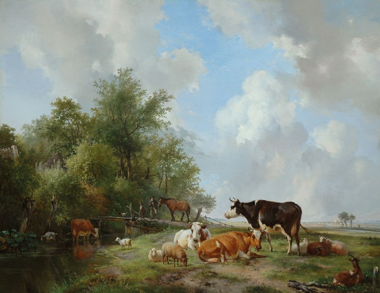 Sande Bakhuyzen H. van de | Hendrikus van de Sande Bakhuyzen, Cattle on the edge of a forest in an extensive sunlit landscape, Öl auf Holz 59,9 x 77,8 cm, signed l.r. und dated 1838