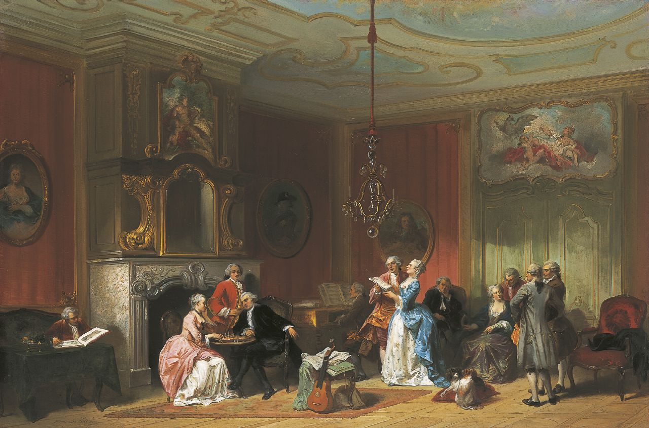 Kate H.F.C. ten | 'Herman' Frederik Carel ten Kate, Musical evening, Öl auf Holz 65,3 x 98,0 cm, signed l.l.