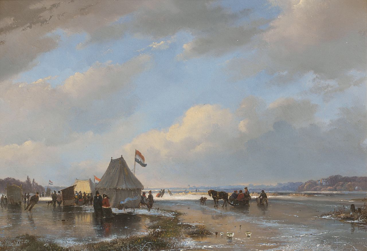 Breuhaus de Groot F.  | Frans Breuhaus de Groot, Skaters on the ice near a koek-en-zopie, Öl auf Holz 25,6 x 36,3 cm, signed l.l.