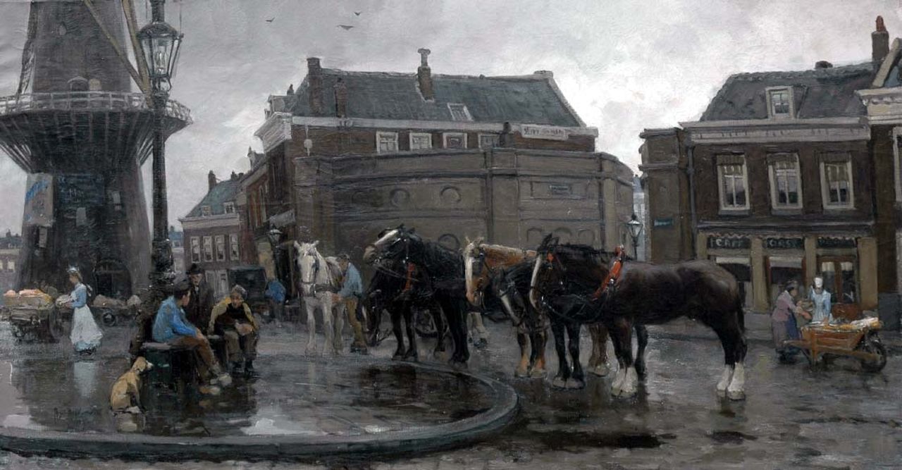 Voorden A.W. van | August Willem van Voorden, View of the Oostplein with windmill 'De Noord', Rotterdam, Öl auf Leinwand 75,3 x 140,8 cm, signed l.l. und dated 1905