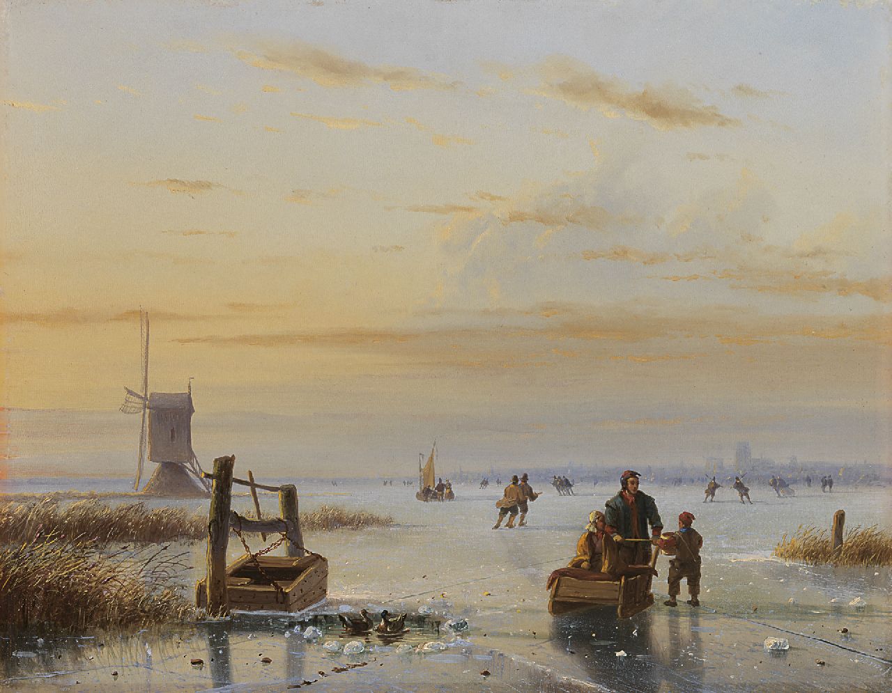 Roosenboom N.J.  | Nicolaas Johannes Roosenboom, Skaters on a frozen river, Öl auf Holz 32,9 x 42,5 cm, signed l.r.