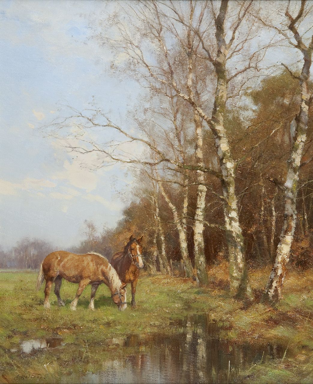 Holtrup J.  | Jan Holtrup, Arbeitspferde in Weidelandschaft, Groesbeek, Öl auf Leinwand 60,1 x 50,2 cm, Unterzeichnet l.u.