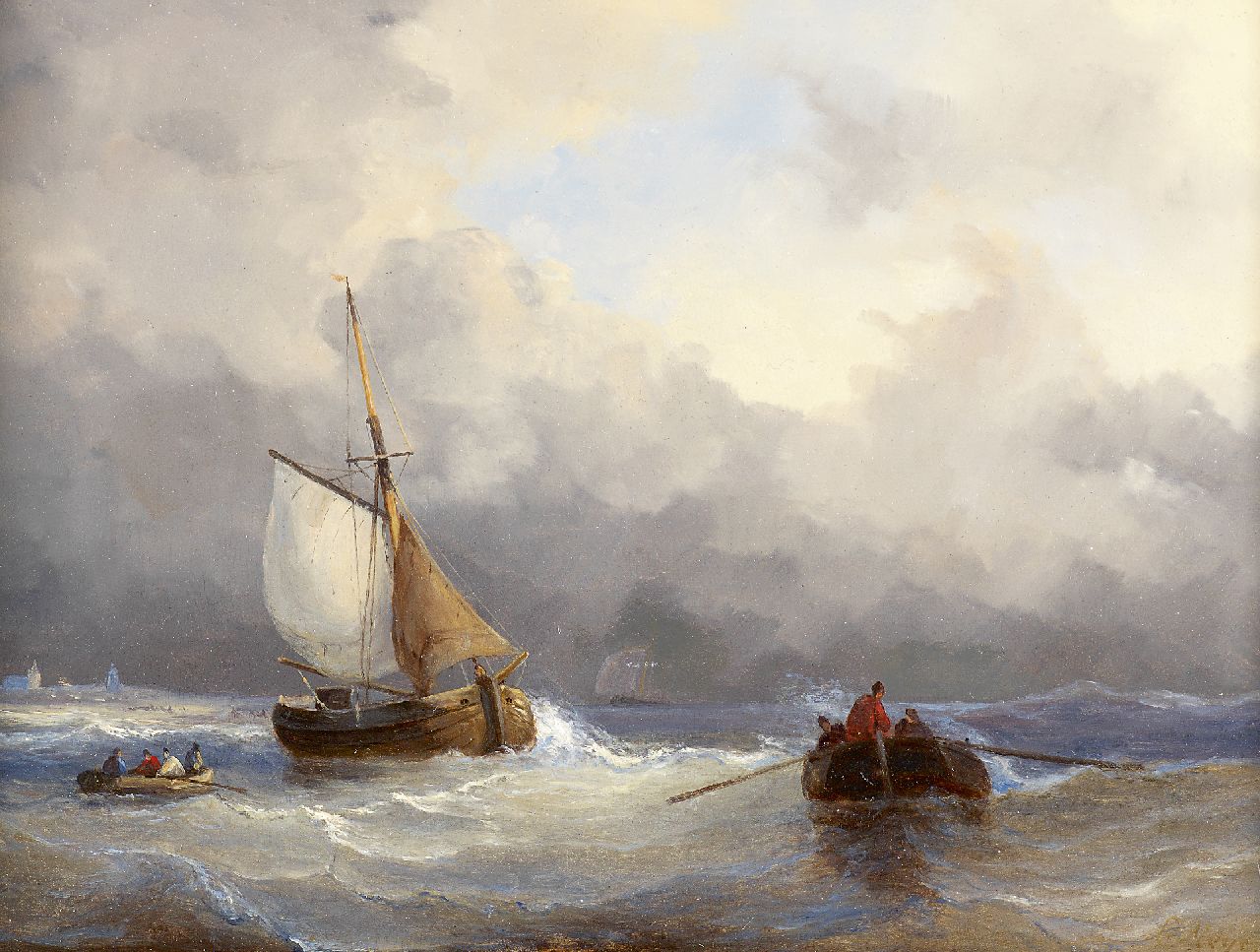 Meijer J.H.L.  | Johan Hendrik 'Louis' Meijer | Gemälde zum Verkauf angeboten | Fischerboot und Schlup, Öl auf Holz 22,8 x 31,0 cm, Unterzeichnet r.u.