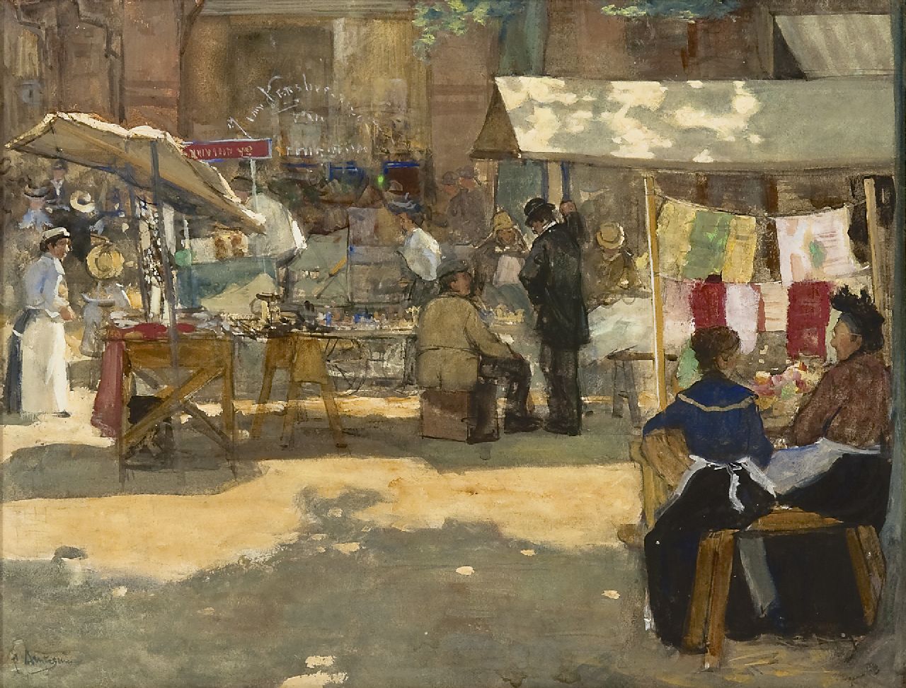 Arntzenius P.F.N.J.  | Pieter Florentius Nicolaas Jacobus 'Floris' Arntzenius, A sunny market scene, The Hague, Aquarell auf Papier 36,2 x 46,9 cm, signed l.l. und zu datieren ca. 1905