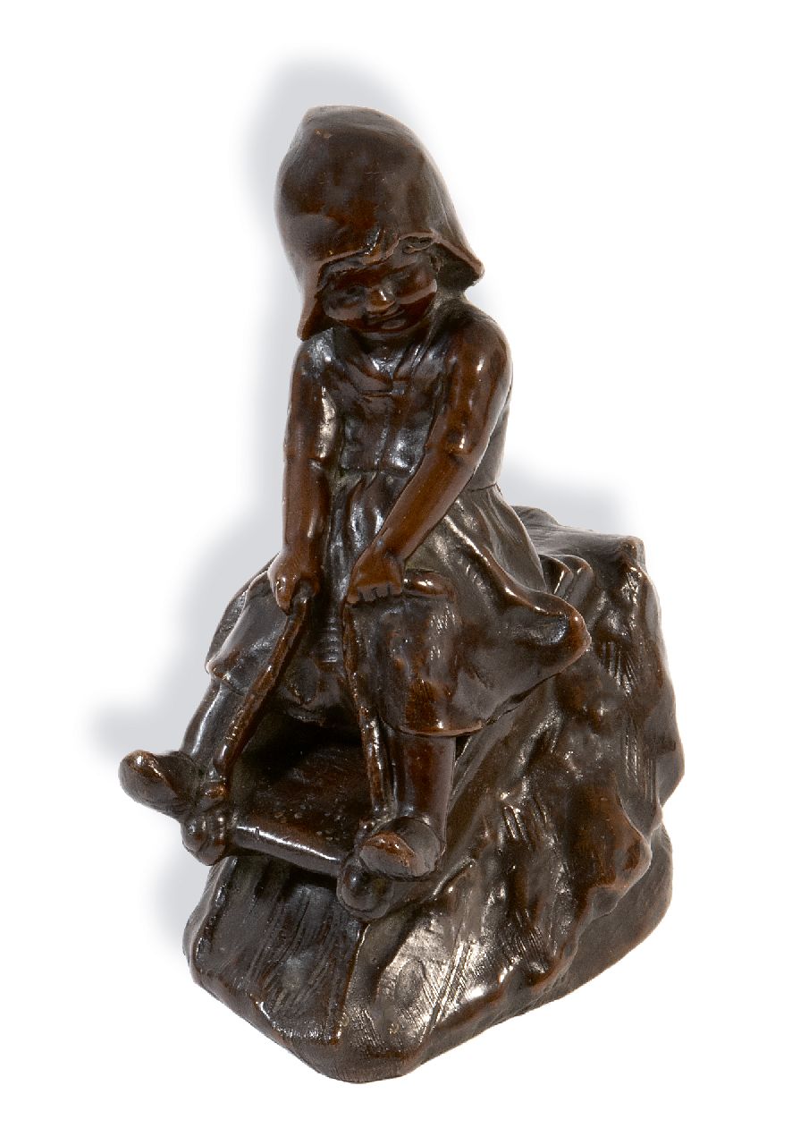 Trinque G.  | George Trinque, Mädchen in Tracht auf einem Schlitten, Rotes Kupfer 18,1 x 8,0 cm, datiert '69