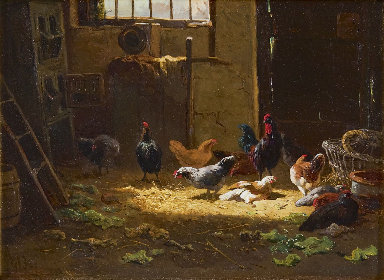 Bos G.J.  | Gerardus Johannes Bos, Poultry in a barn, Öl auf Holz 23,9 x 33,0 cm, signed l.l.