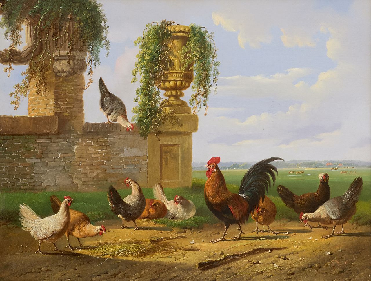 Verhoesen A.  | Albertus Verhoesen | Gemälde zum Verkauf angeboten | Federvieh in einer holländischen Landschaft, Öl auf Holz 39,2 x 51,1 cm, Unterzeichnet r.u.