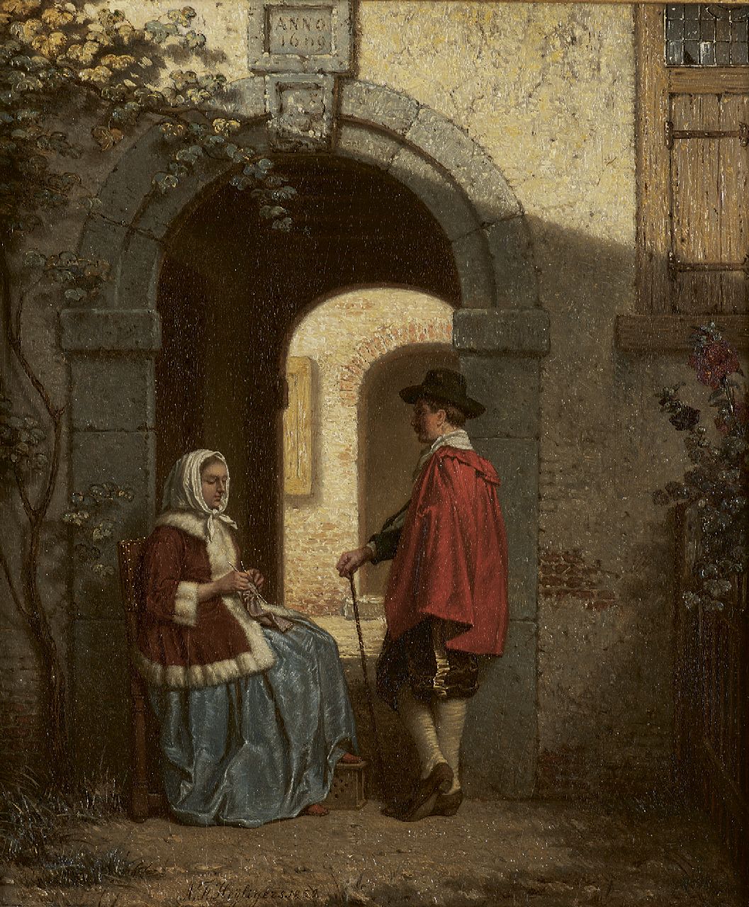 Heijligers A.F.  | Antoon François Heijligers, Schwätzchen an der Tür, Öl auf Holz 22,2 x 18,7 cm, Unterzeichnet l.von der Mitte und datiert 1859