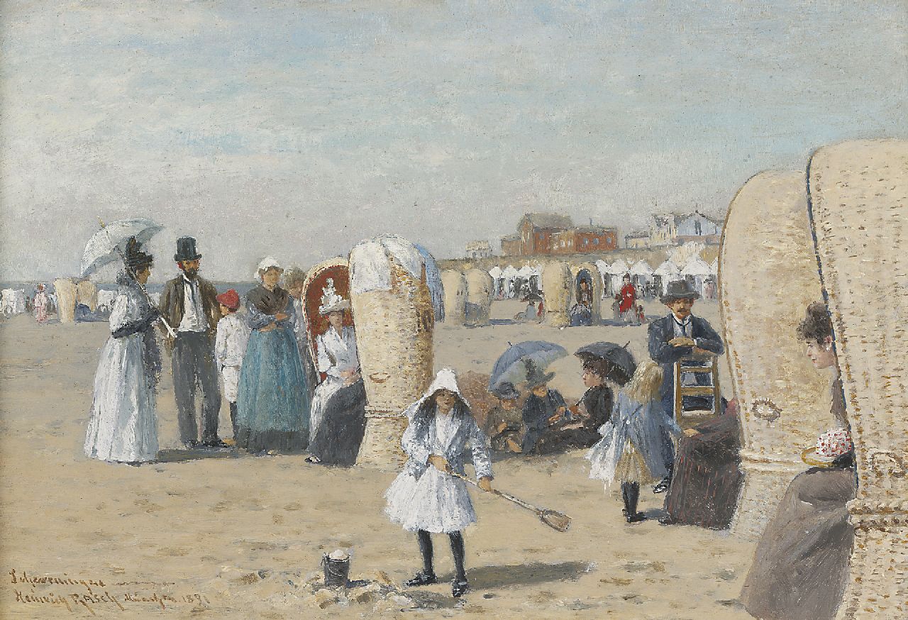 Rasch H.  | Heinrich Rasch, The beach of Scheveningen, Öl auf Malereifaser 19,0 x 27,3 cm, signed l.l. und dated 1891