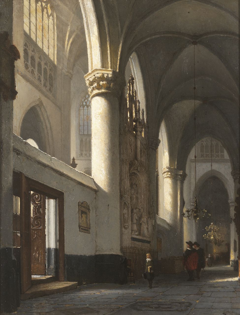 Schenkel J.J.  | Jan Jacob Schenkel, The interior of the Grote Kerk in Breda with the memorial stone of Engelbert I of Nassau, Öl auf Holz 62,4 x 48,3 cm