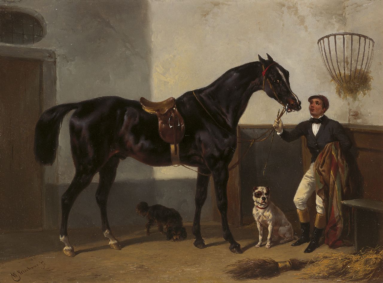 Verschuur W.  | Wouterus Verschuur, A jockey with a racehorse in a stable, Öl auf Holz 27,7 x 37,2 cm, signed l.l.