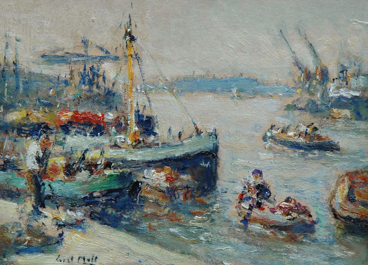 Moll E.  | Evert Moll, Busy harbour scene, Rotterdam, Öl auf Holzfaser auf Holz 24,8 x 33,5 cm, signed l.l.