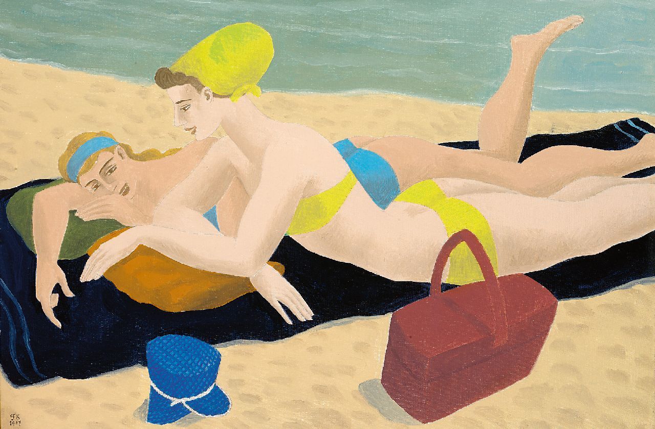 Erfmann F.G.  | 'Ferdinand' George Erfmann, Sonnenbaden am Strand, Öl auf Leinwand 40,3 x 60,3 cm, Unterzeichnet l.u. mit Initialen und datiert 1967