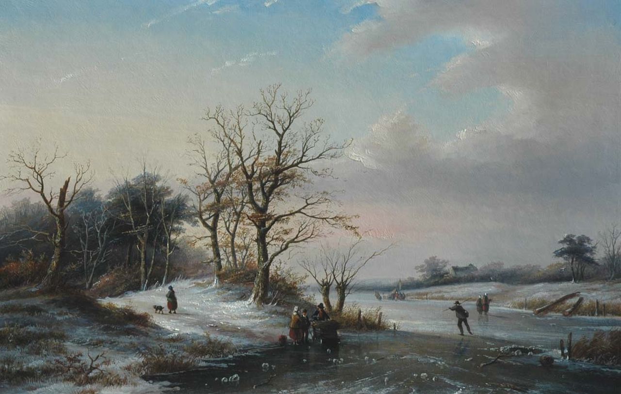 Spohler J.J.  | Jan Jacob Spohler, Winter landscape with skaters on the ice, Öl auf Holz 57,1 x 88,1 cm