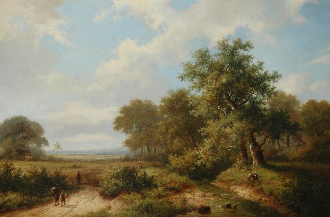 Koekkoek P.H.  | Pieter Hendrik 'H.P.' Koekkoek, Fishermen and countrymen on a country road, Öl auf Leinwand 66,6 x 100,5 cm, signed l.l.