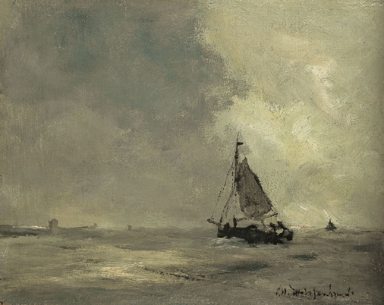 Weissenbruch H.J.  | Hendrik Johannes 'J.H.' Weissenbruch, Heavy weather before the Zeeland's coast, Öl auf Holz 17,3 x 21,6 cm, signed l.r. und painted ca. 1900