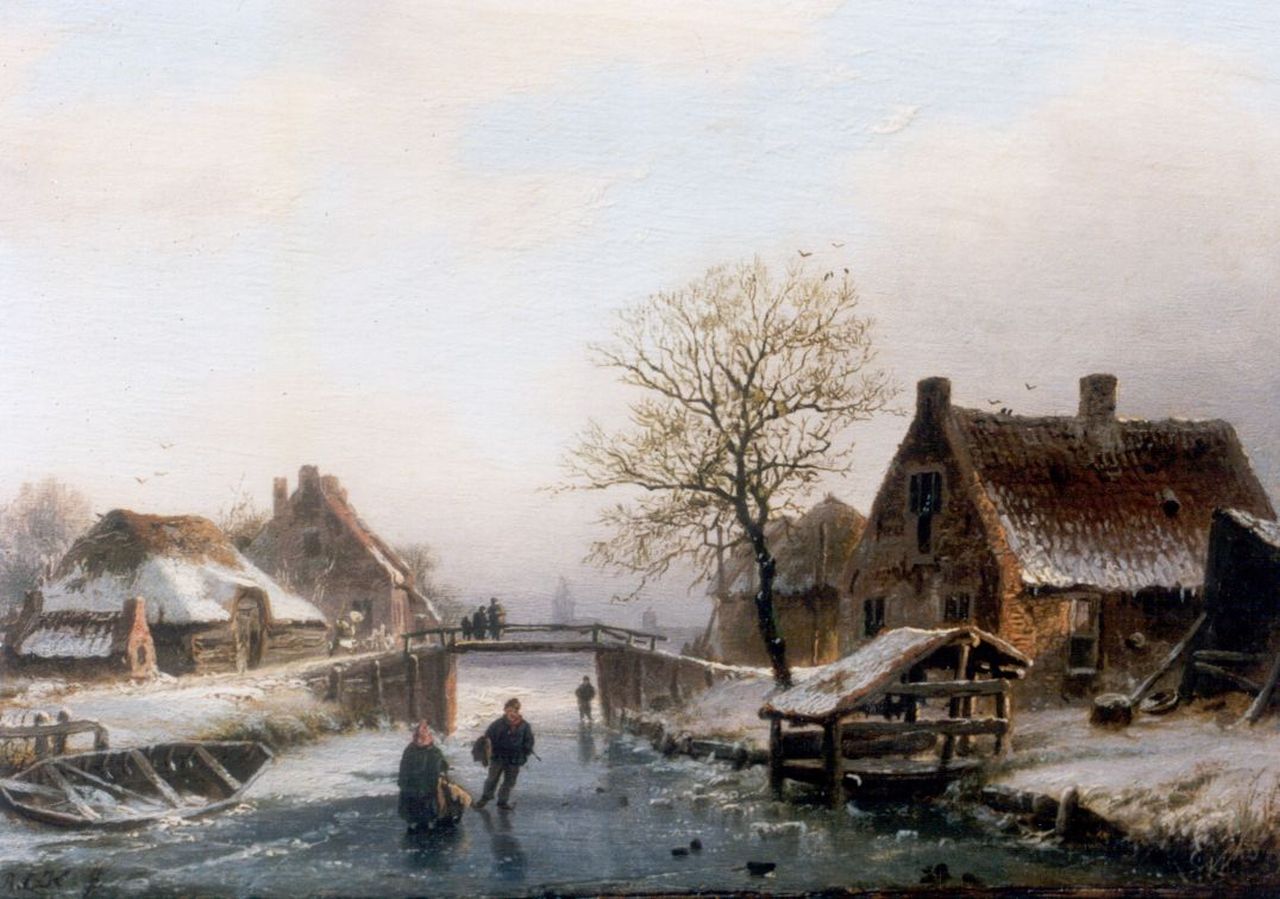 Koekkoek B.C.  | Barend Cornelis Koekkoek, Skaters on a frozen waterway, Öl auf Holz 14,0 x 19,1 cm, Unterzeichnet l.u. mit Monogram