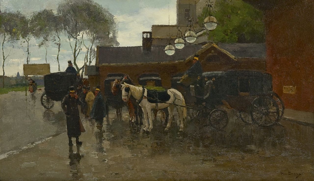 Zwart W.H.P.J. de | Wilhelmus Hendrikus Petrus Johannes 'Willem' de Zwart | Gemälde zum Verkauf angeboten | Kutschen vor dem Bahnhof Hollandse Spoor, Den Haag, Öl auf Leinwand 46,4 x 79,9 cm, Unterzeichnet r.u.