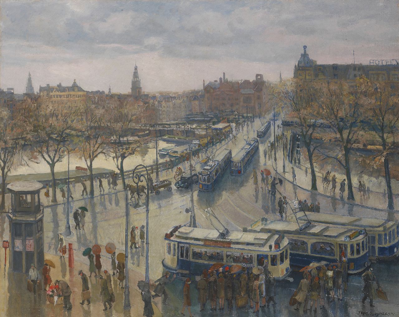 Pluijmers A.B.  | Anthonie Bernardus 'Toon' Pluijmers, Der Stationsplein mit Damrak, Amsterdam, Öl auf Leinwand 80,5 x 100,0 cm, Unterzeichnet r.u. und datiert '41