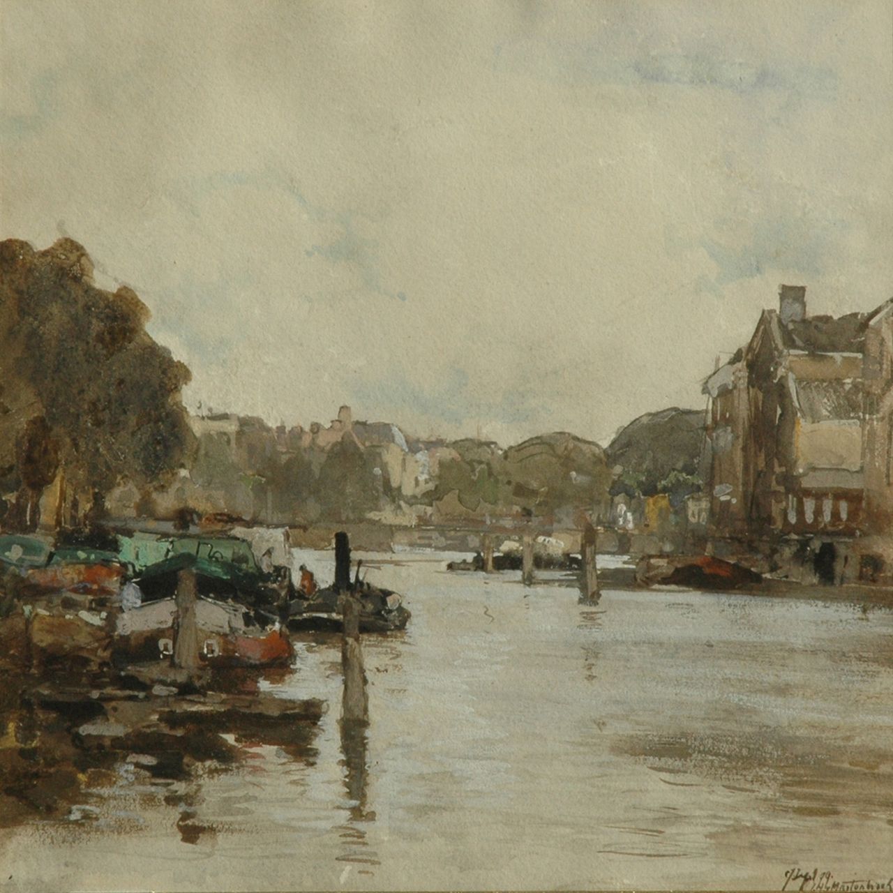 Mastenbroek J.H. van | Johan Hendrik van Mastenbroek, Moored boats in a canal in a Dutch town, Aquarell auf Papier 25,5 x 25,5 cm, signed l.r. und dated Sept. '99