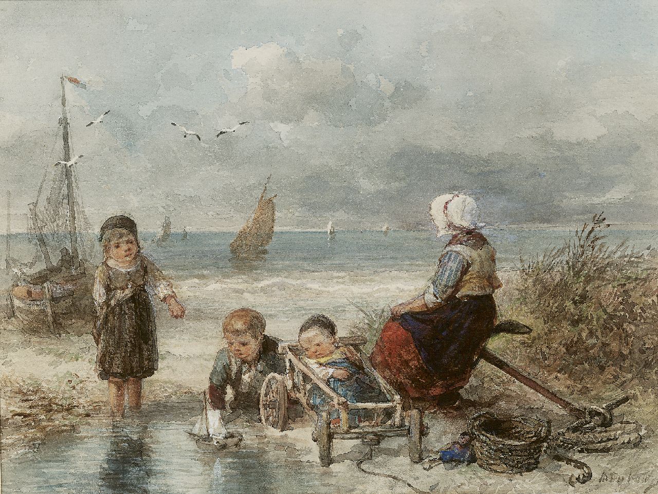Kate J.M.H. ten | Johan 'Mari' Henri ten Kate, Fisherman's wife and her children on the beach, Aquarell auf Papier 20,6 x 28,3 cm, signed l.r.