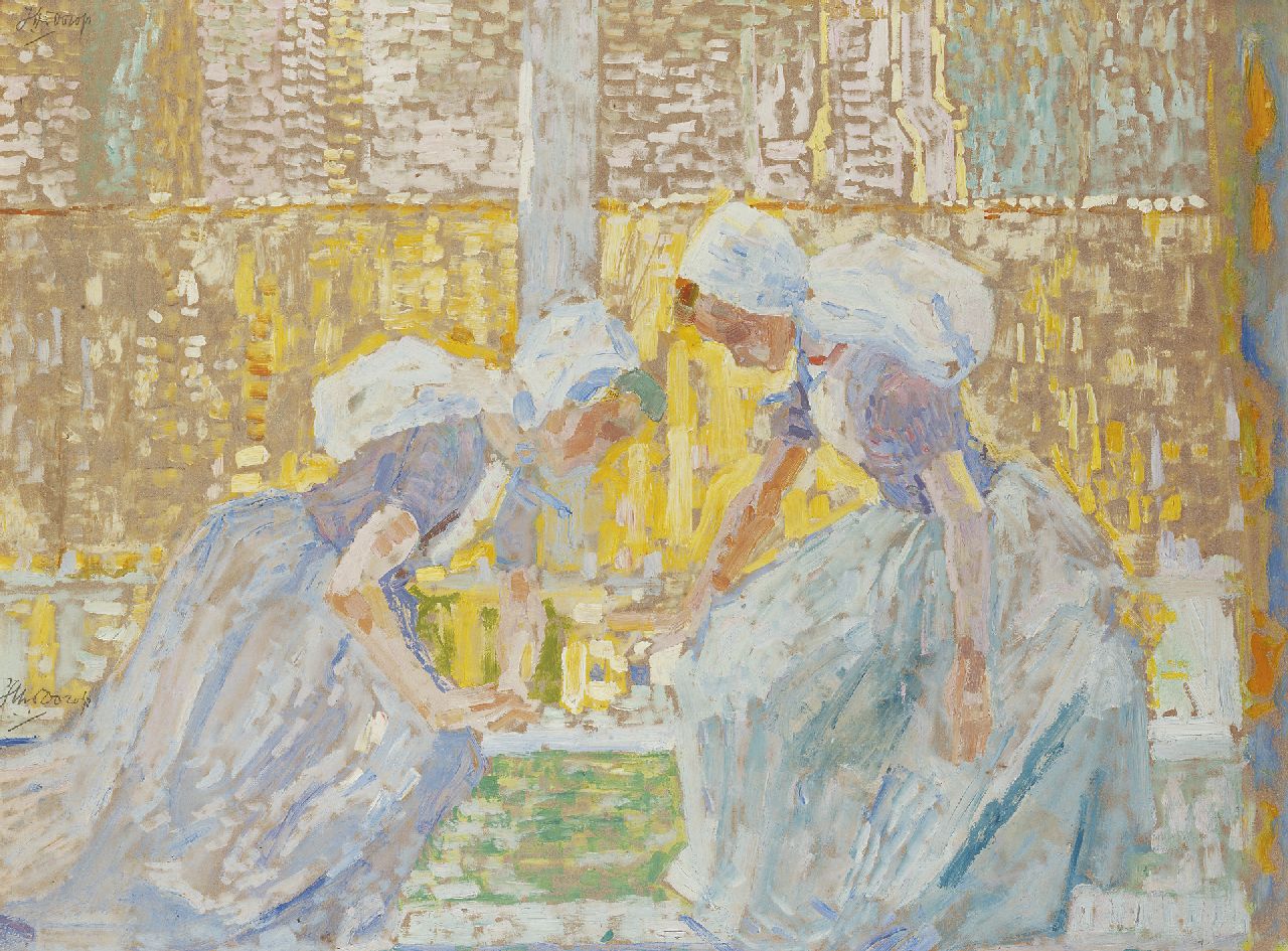 Toorop J.Th.  | Johannes Theodorus 'Jan' Toorop, Girls from Zeeland playing a game of draughts, Öl auf Holzfaser 47,9 x 62,7 cm, signed signed double: l.c. and u.l. und painted circa. 1906-1908
