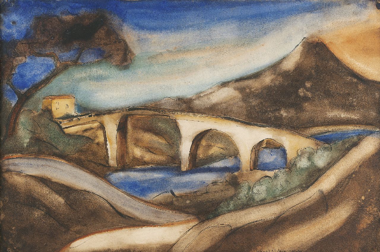 Schelfhout L.  | Lodewijk Schelfhout, The bridge, Tinte, Kreide und Aquarell auf Papier 34,4 x 51,0 cm, signed l.r. und painted '1920 Corse'