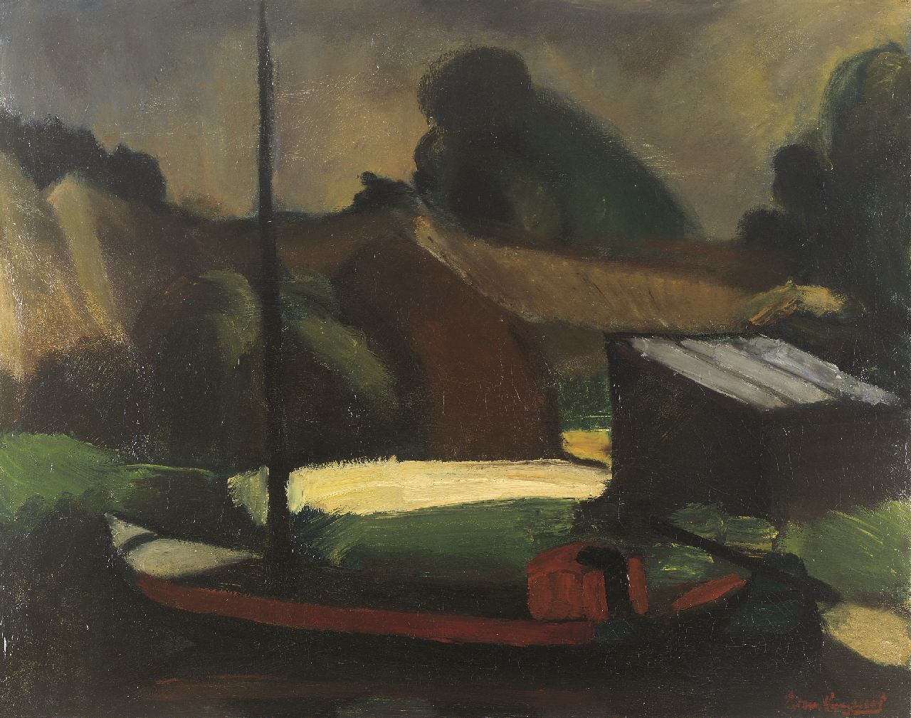 Wijngaerdt P.T. van | Petrus Theodorus 'Piet' van Wijngaerdt, Boat by a barn, Öl auf Leinwand 80,4 x 101,4 cm, signed l.r. und painted ca. 1918