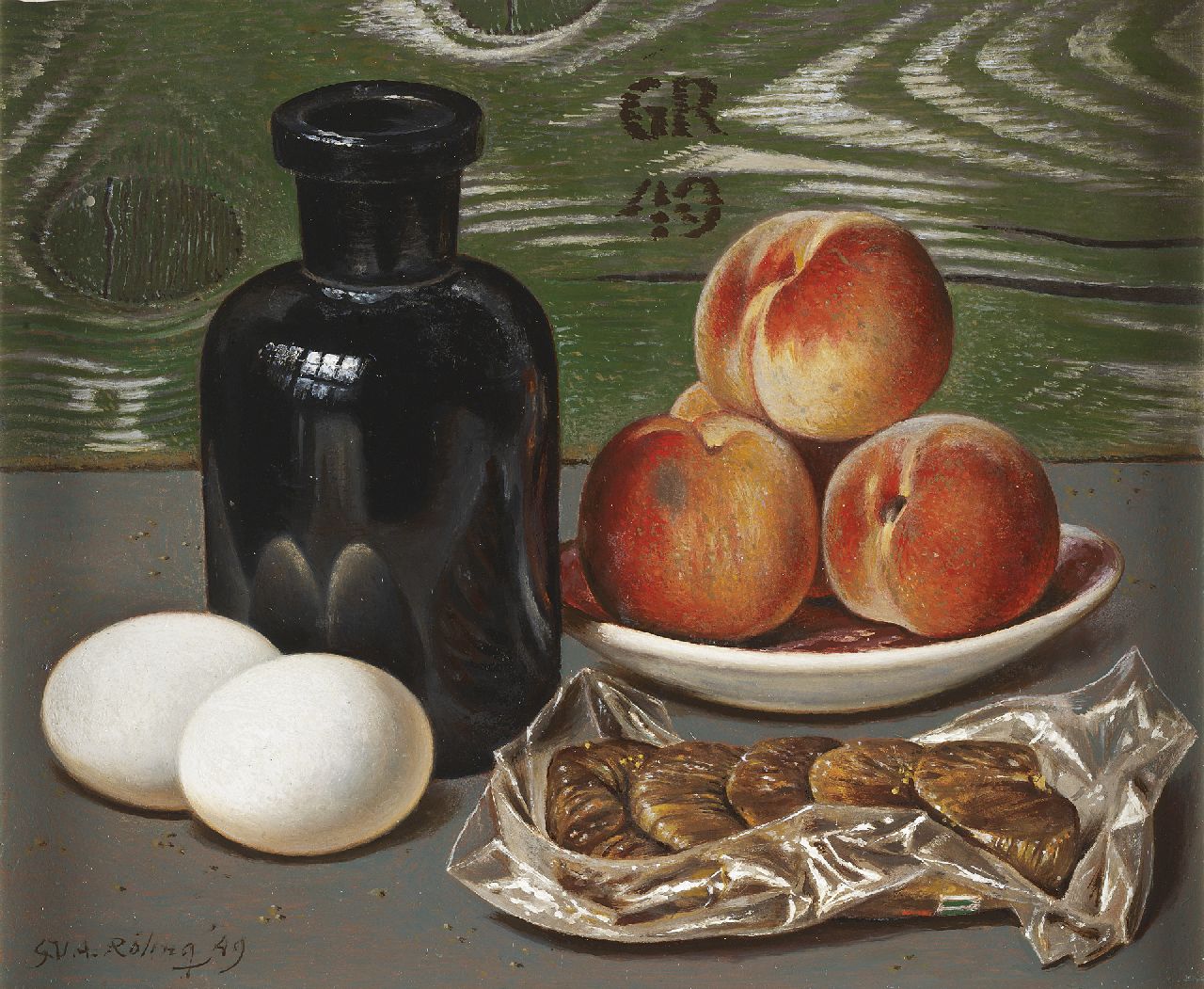 Röling G.V.A.  | Gerard Victor Alphons 'Gé' Röling, Still life with peaches, eggs and figs, Öl auf Holzfaser 25,0 x 30,1 cm, signed l.l. and on the reverse and u.m. with initials und dated '49 l.l., u.c. and on the rear side