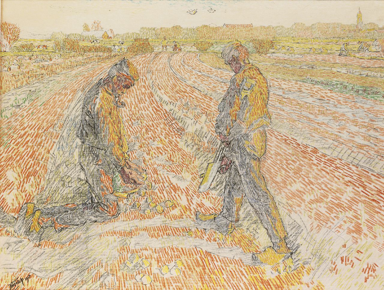 Toorop J.Th.  | Johannes Theodorus 'Jan' Toorop, Gathering potatoes, Bleistift und Farbkreide auf Papier 47,9 x 62,2 cm, Unterzeichnet l.u. und datiert 1907