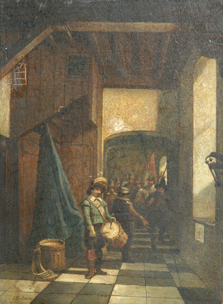 Scheeres H.J.  | Hendricus Johannes Scheeres, Beating the retreat, Öl auf Holz 36,4 x 27,3 cm, signed l.l.