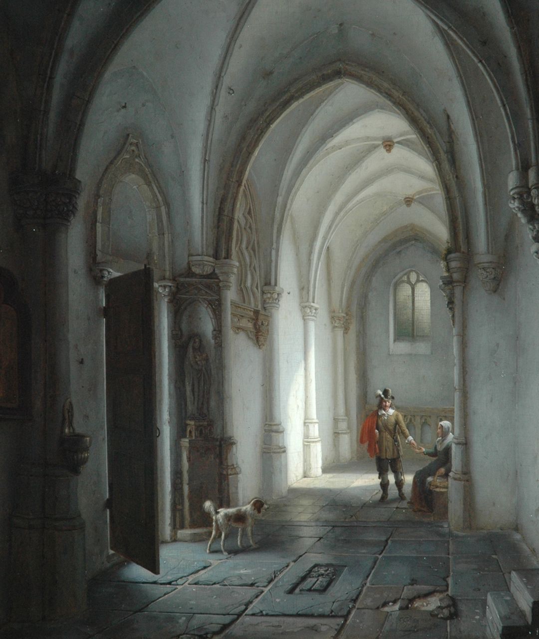 Haanen G.G.  | George Gillis Haanen, Church interior with a man and a beggar, Öl auf Holz 48,1 x 40,9 cm, signed l.r. und dated 1839