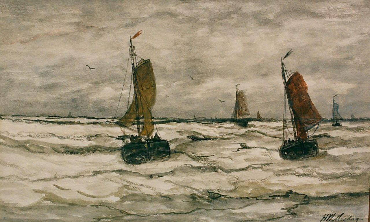 Mesdag H.W.  | Hendrik Willem Mesdag, 'bomschuiten' offshore, Aquarell auf Papier 30,5 x 51,5 cm, signed l.r.