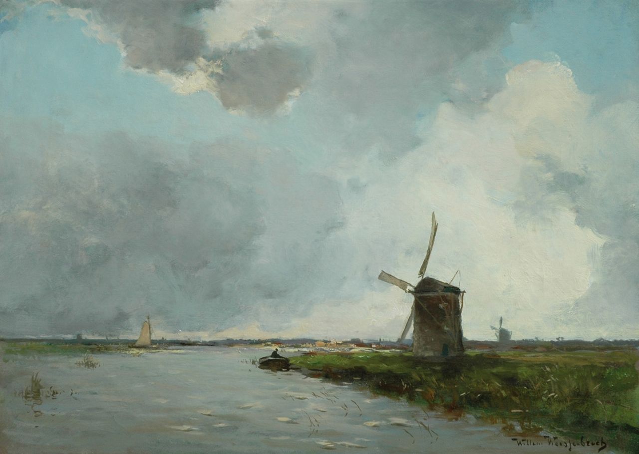 Weissenbruch W.J.  | 'Willem' Johannes Weissenbruch, Windmill in a polder landscape, Öl auf Leinwand 40,1 x 56,4 cm, signed l.r.