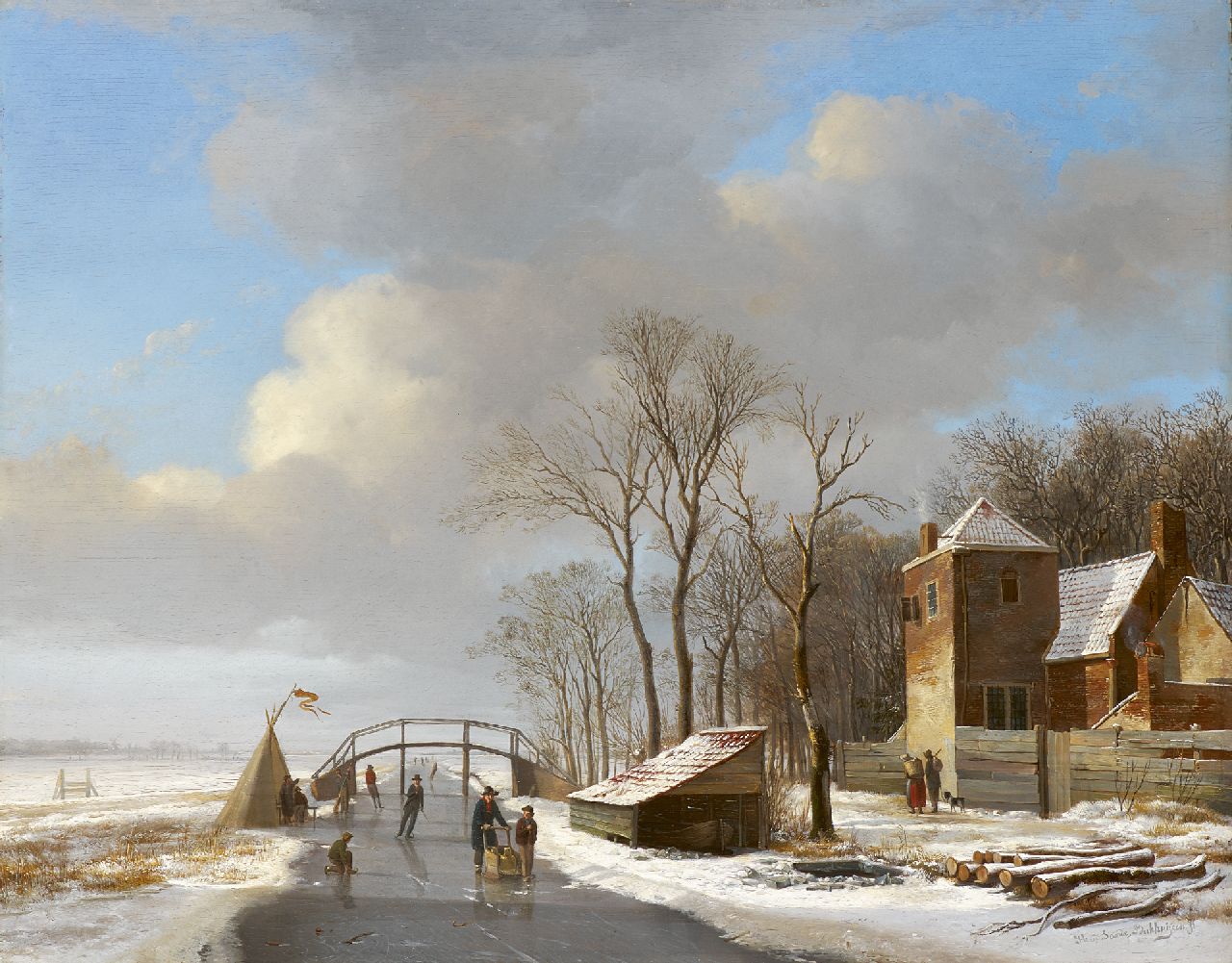 Sande Bakhuyzen H. van de | Hendrikus van de Sande Bakhuyzen, Beschneite Polderlandschaft mit Schlittschuhläufern, Öl auf Holz 40,4 x 51,0 cm, Unterzeichnet r.u.