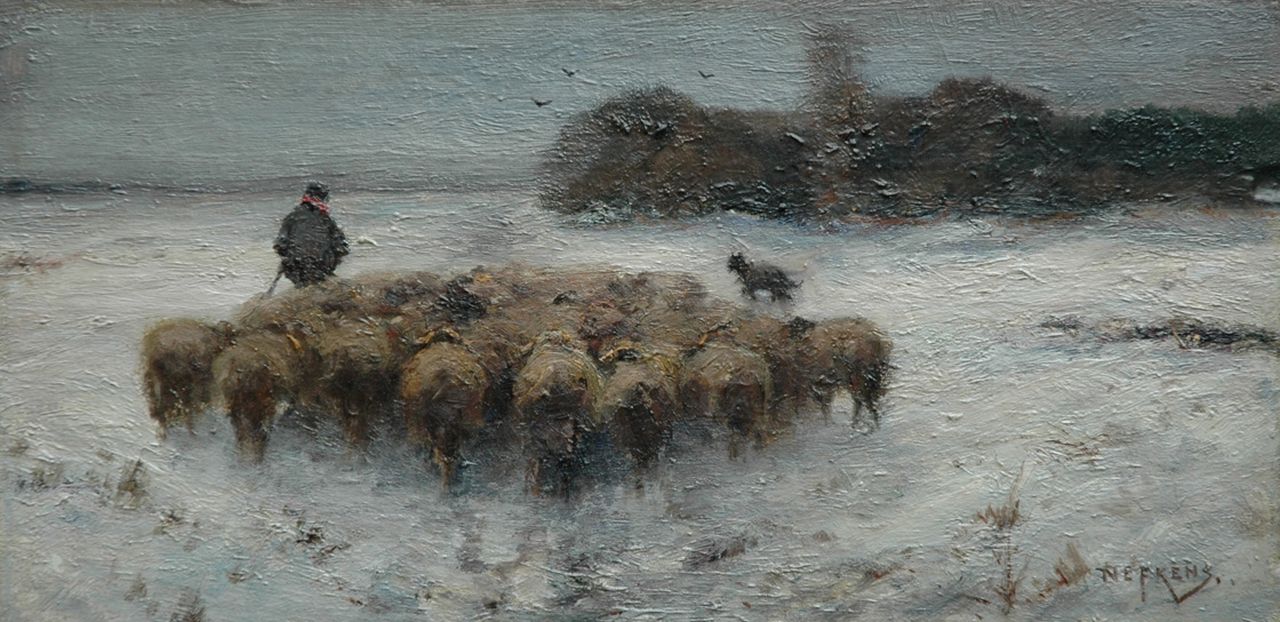 Nefkens M.J.  | Martinus Jacobus Nefkens, Sheep at pasture, Öl auf Papier auf Holz 24,3 x 48,6 cm, signed l.r.