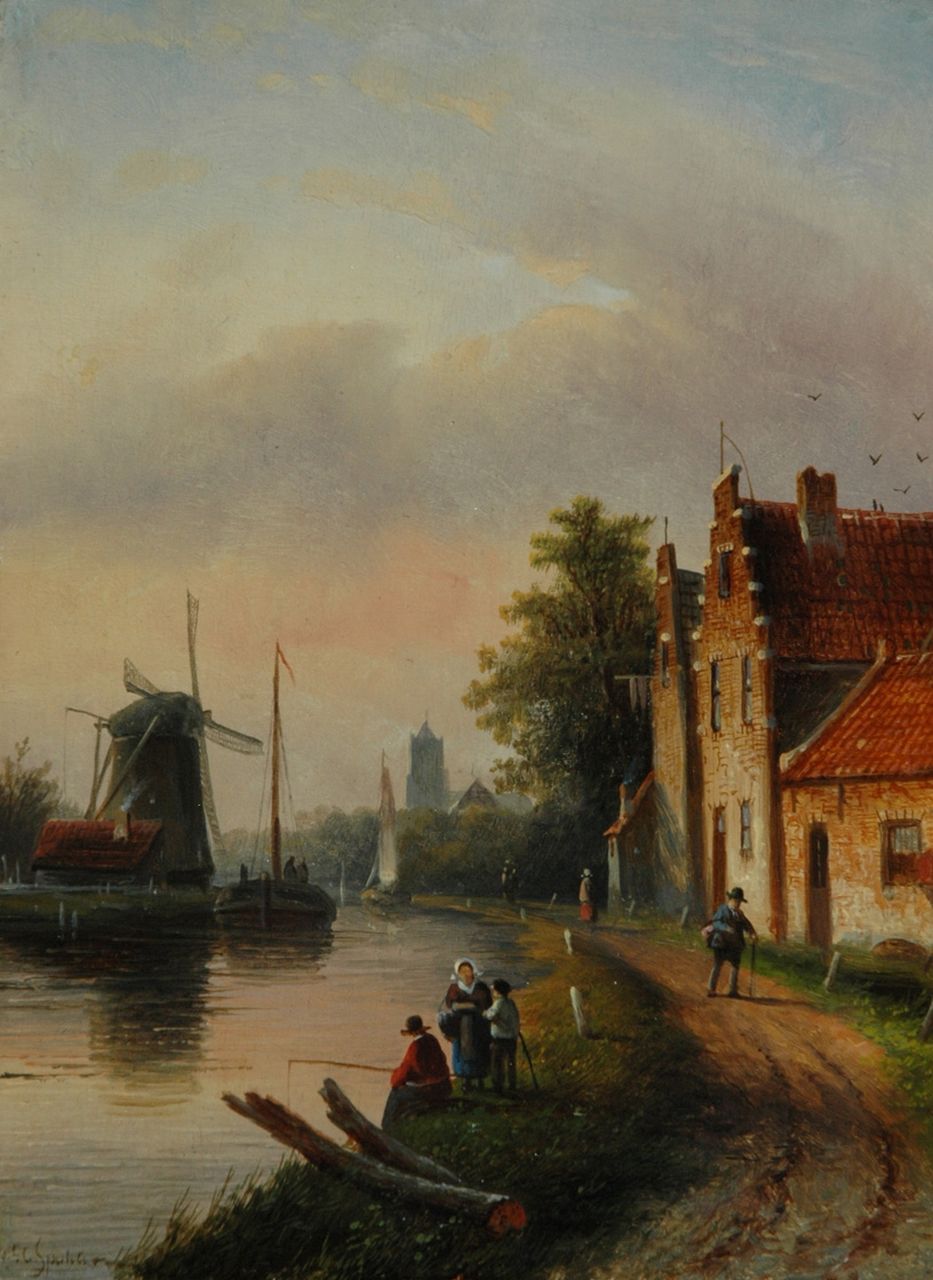 Spohler J.J.C.  | Jacob Jan Coenraad Spohler, A river landscape in summer, Öl auf Holz 22,1 x 16,5 cm, signed l.l.