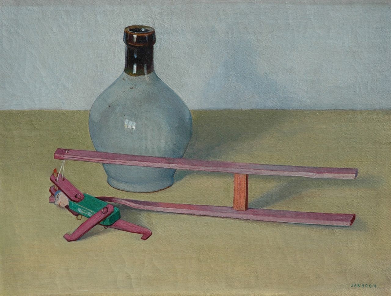 Boon J.  | Jan Boon, A still life with a jug and a toy, Öl auf Leinwand 30,2 x 40,5 cm, signed l.r.
