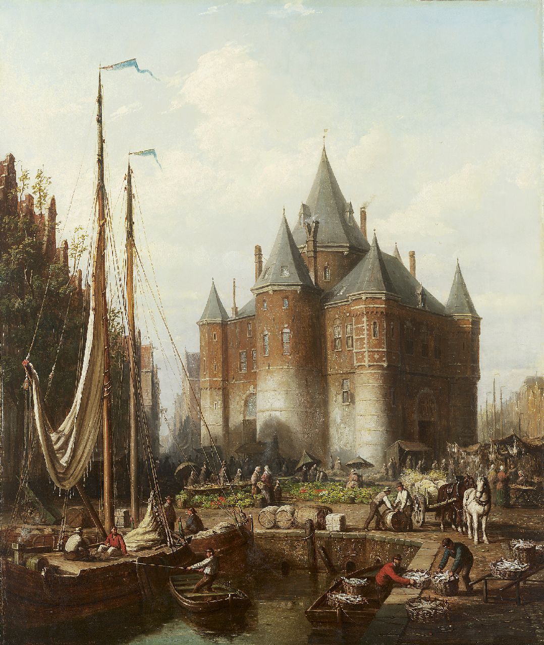 Scheerboom A.  | Andries Scheerboom, A busy dock scene and market at 'de Waag' Amsterdam, Öl auf Leinwand 81,5 x 70,5 cm, signed l.l. und dated 1871