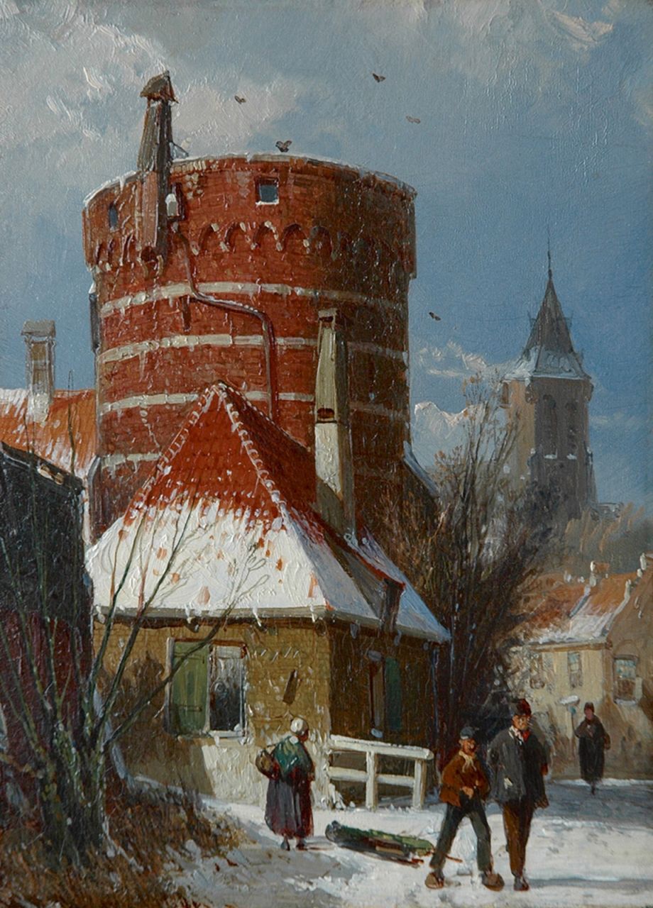 Koekkoek W.  | Willem Koekkoek | Gemälde zum Verkauf angeboten | Holländische Straße mit einem alten Festungsturm, im Schnee, Öl auf Holz 24,3 x 17,9 cm, zu datieren