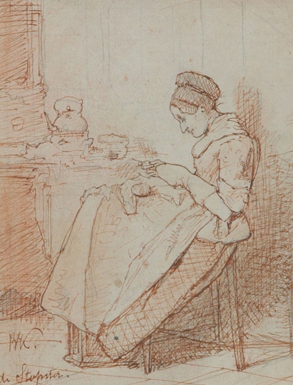 Bakker Korff A.H.  | Alexander Hugo Bakker Korff, A woman mending, Bleistift, Feder in brauner Tinte auf Papier 16,1 x 12,4 cm, signed l.l. with initials