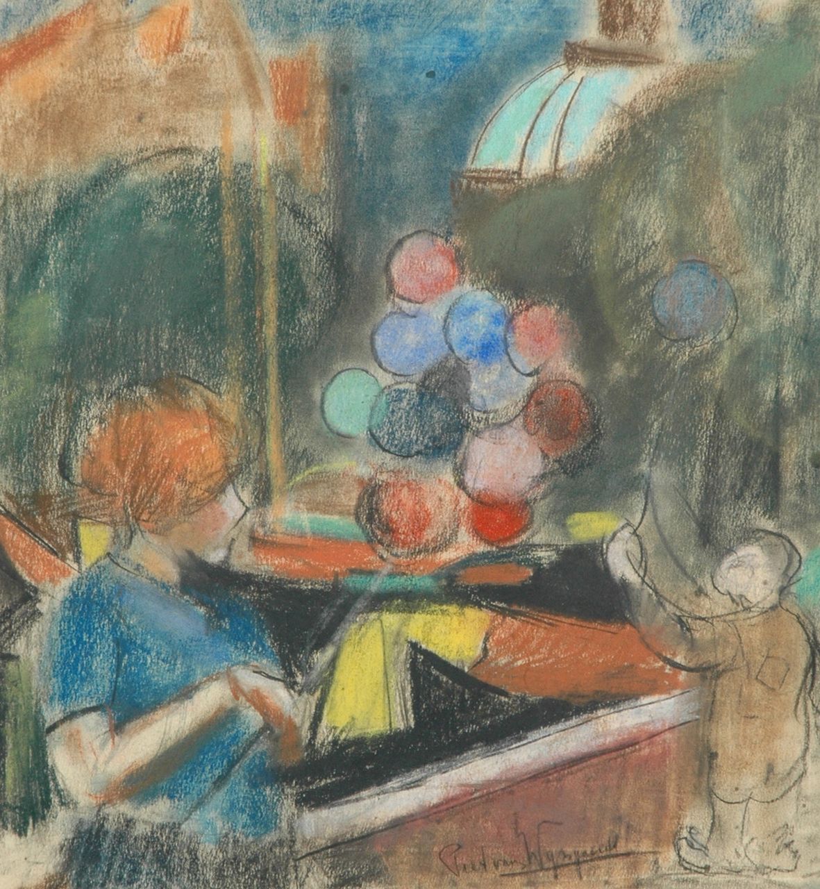 Wijngaerdt P.T. van | Petrus Theodorus 'Piet' van Wijngaerdt, A child and a balloon saleswoman, Pastell auf Papier 36,8 x 34,7 cm, signed l.r.