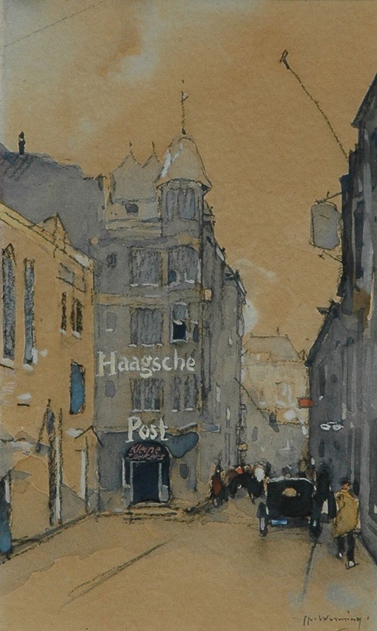 Wenning IJ.H.  | IJpe Heerke 'Ype' Wenning, Figures on a street in The Hague, Schwarze Kreide und Aquarell auf Papier 18,8 x 11,1 cm, signed l.r. und painted circa 1929