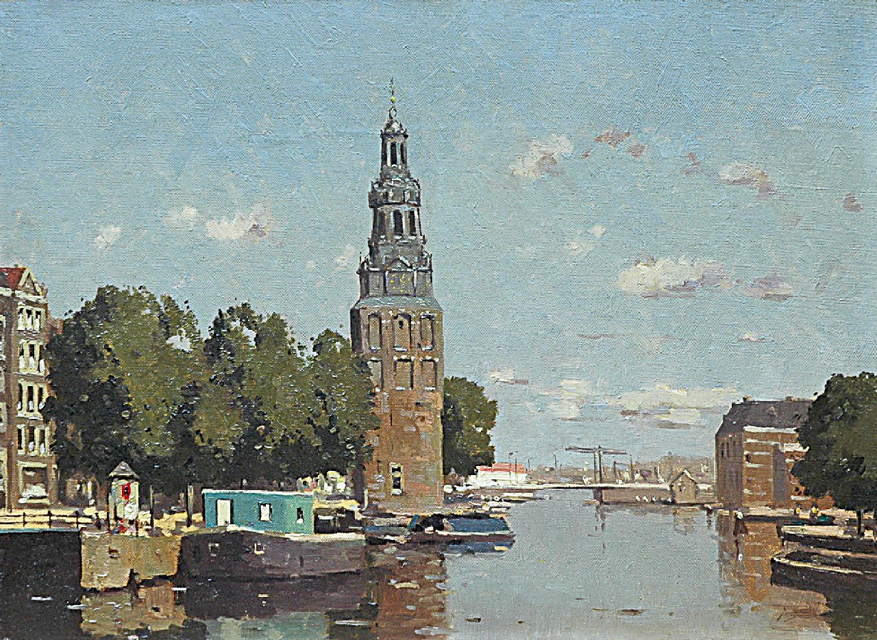 Jeveren G. van | Gerrit van Jeveren | Gemälde zum Verkauf angeboten | Anblick auf den Montelbaansturm am Oude Schans, Amsterdam, Öl auf Leinwand 30,3 x 40,5 cm, gesigneerd rechtsonder (resten)