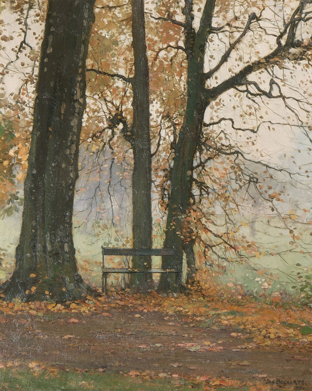 Bogaerts J.J.M.  | Johannes Jacobus Maria 'Jan' Bogaerts, A park bench, Öl auf Leinwand 38,3 x 30,3 cm, signed l.l. und dated 1915